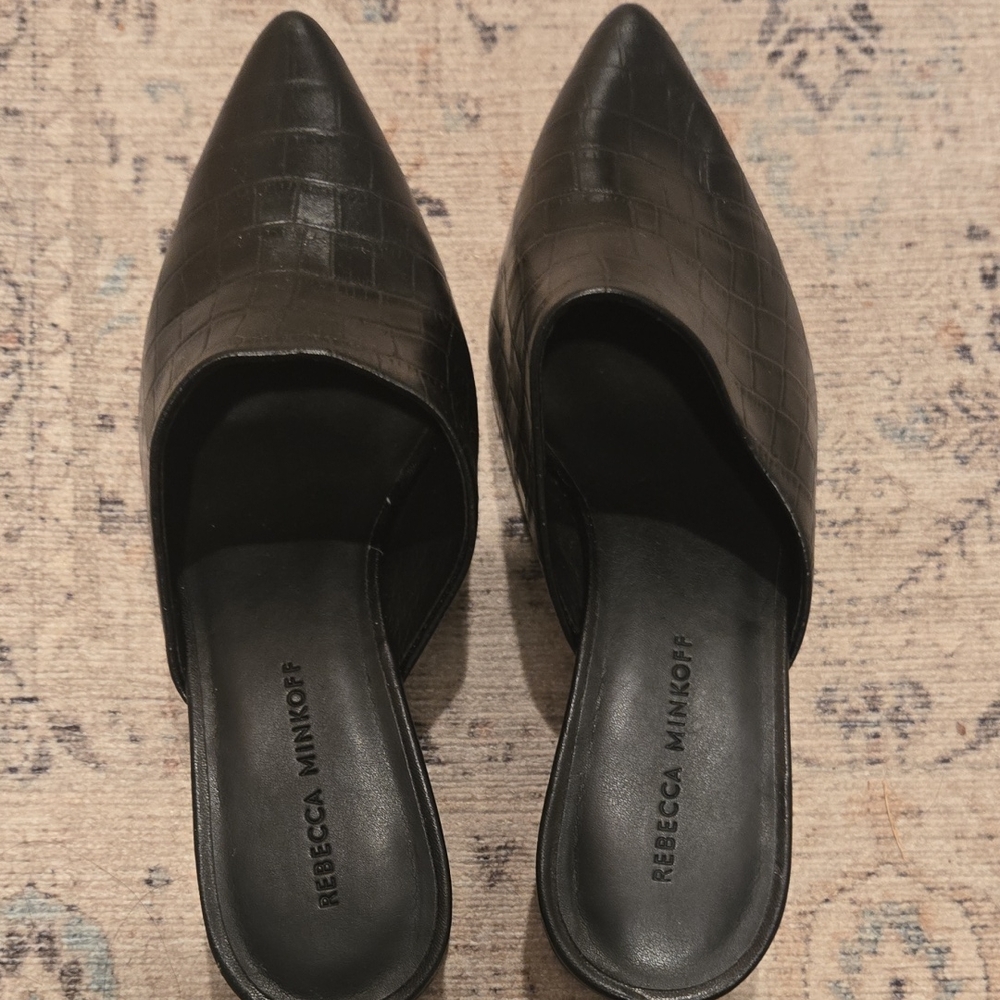 14. Rebecca Minkoff Black Leather Croc-Embossed Mule Heels